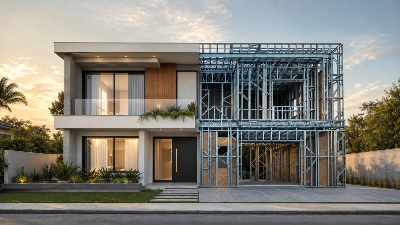 Casa em Steel Frame: metade estrutura de aço, metade acabamento finalizado