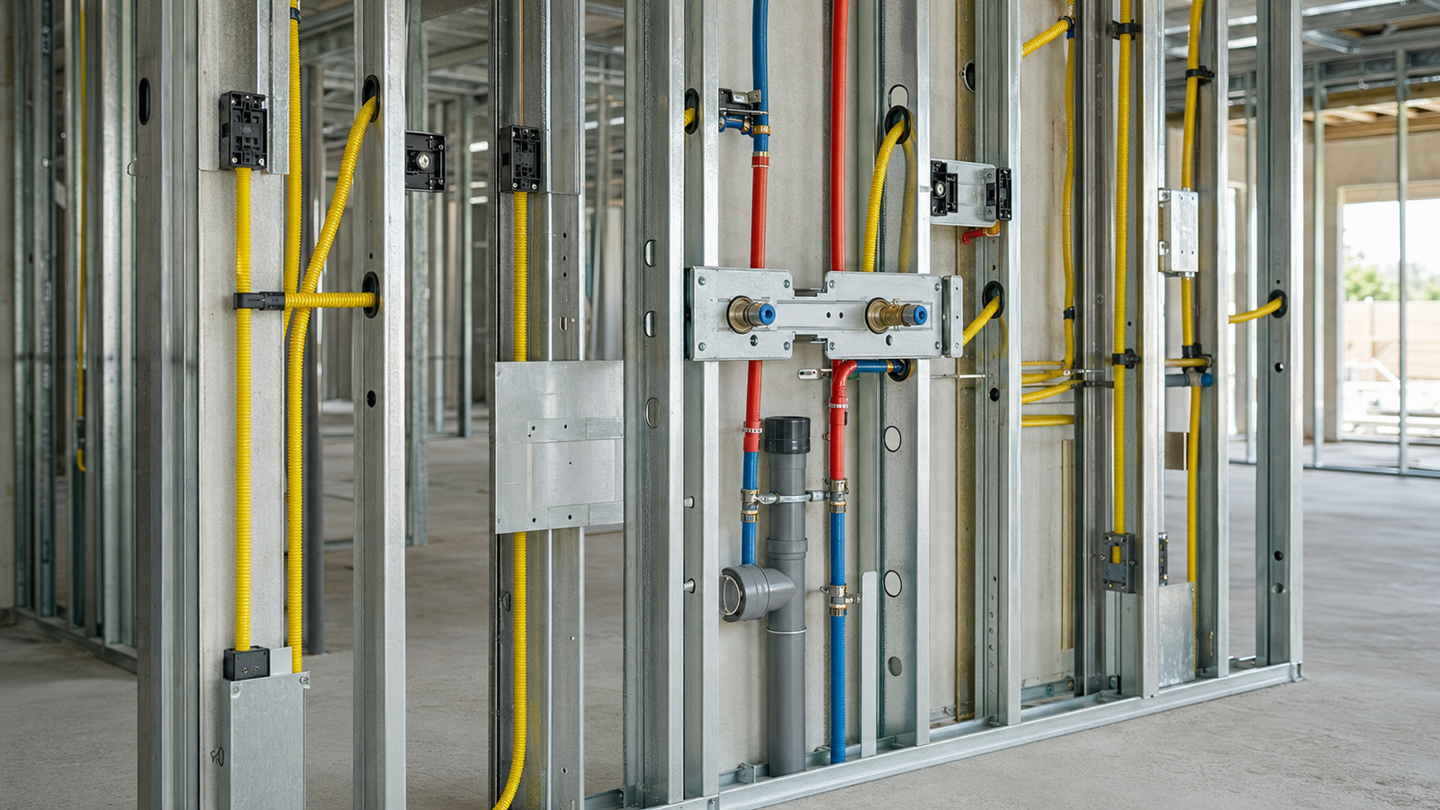 Ilustração das instalações elétricas e hidráulicas passando pelos perfis de Steel Frame